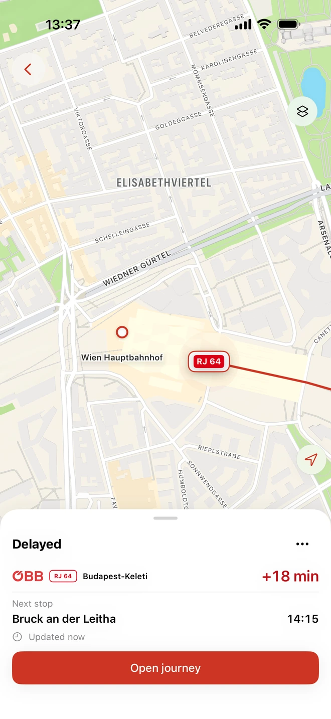 Still at Wien Hbf, 18 minutes late. RailNow tells you your train now leaves at 13:42, from platform 10 A–C.