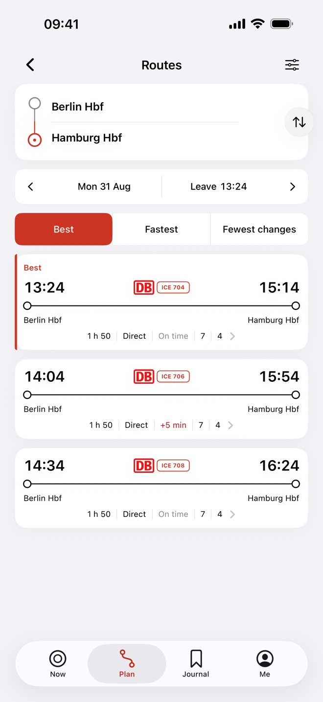 Comparer les itinéraires · Berlin → Hamburg · Deutschland · Interface réelle · Anglais · Trajet de démonstration