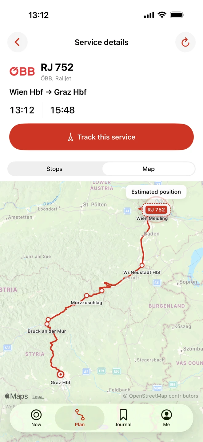 The line follows the rails. Wien to Graz over the Semmering, matched to real railway geometry.